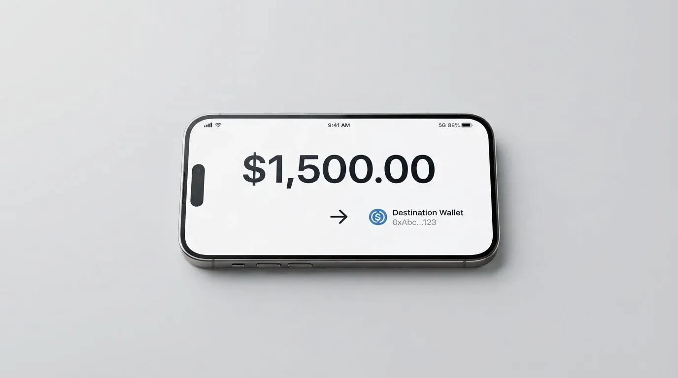 A phone showing a stablecoin transfer screen