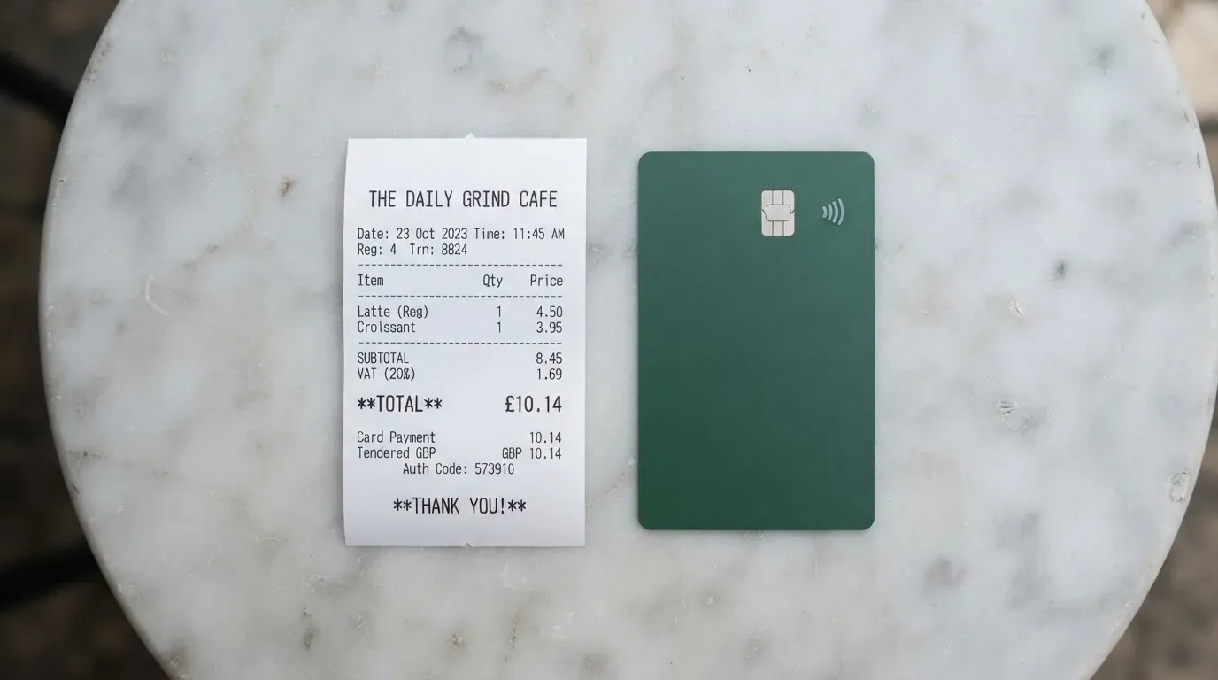 A receipt and a card on a café table