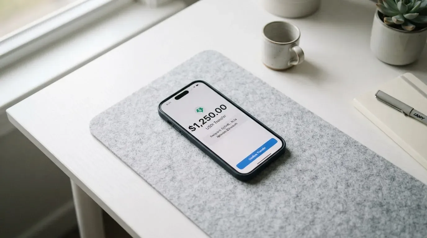 A phone showing a stablecoin transfer screen