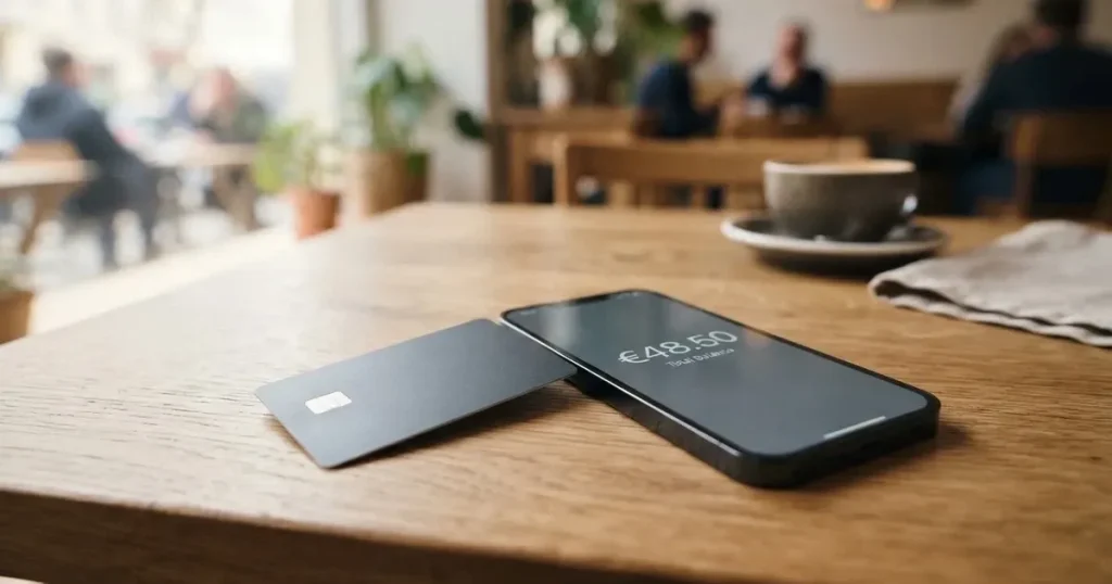 A payment card next to a phone with a crypto wallet app open