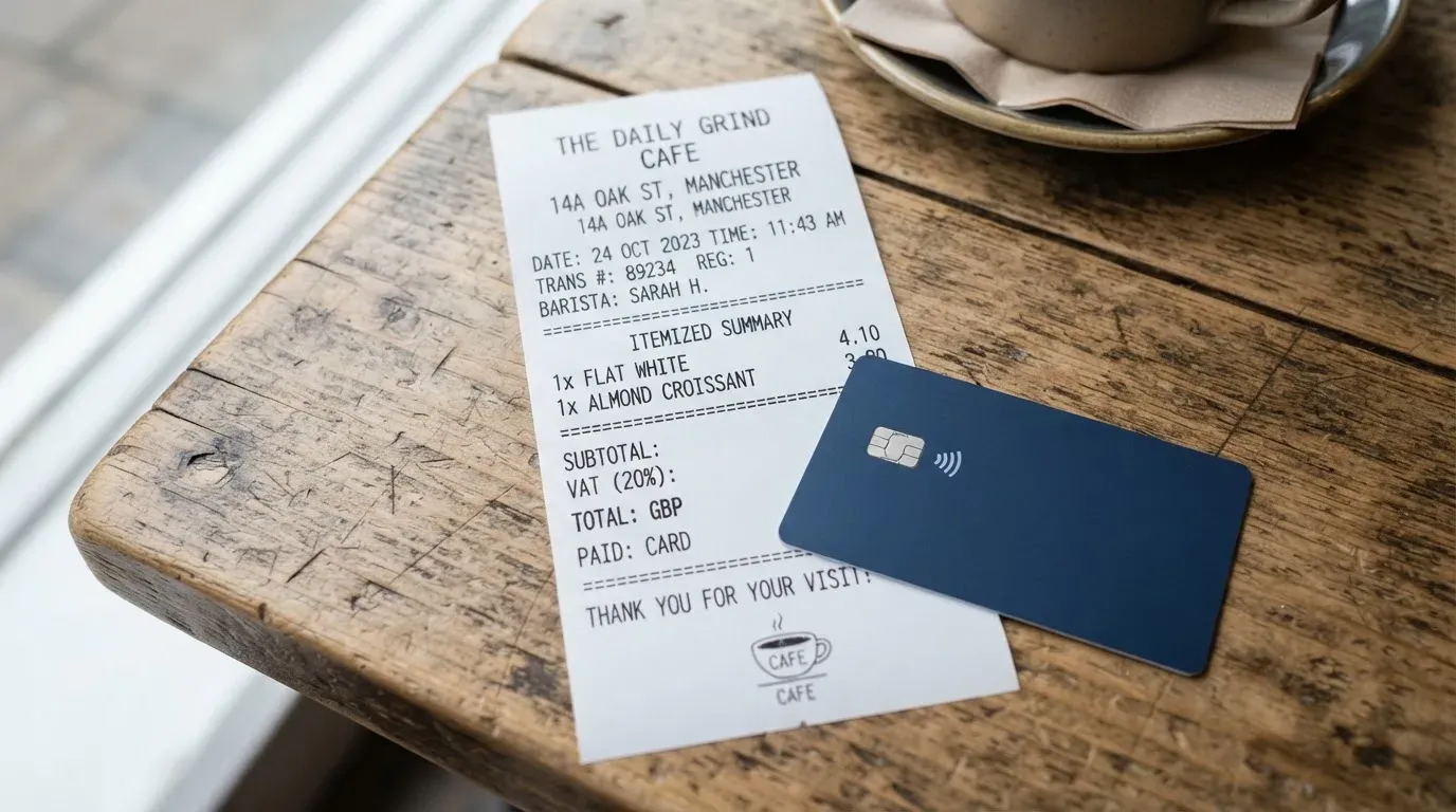 A receipt and a card on a café table