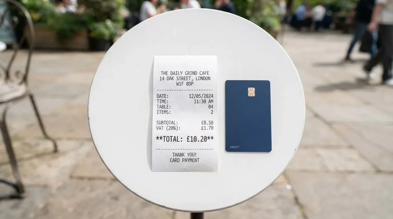 A receipt and a card on a café table