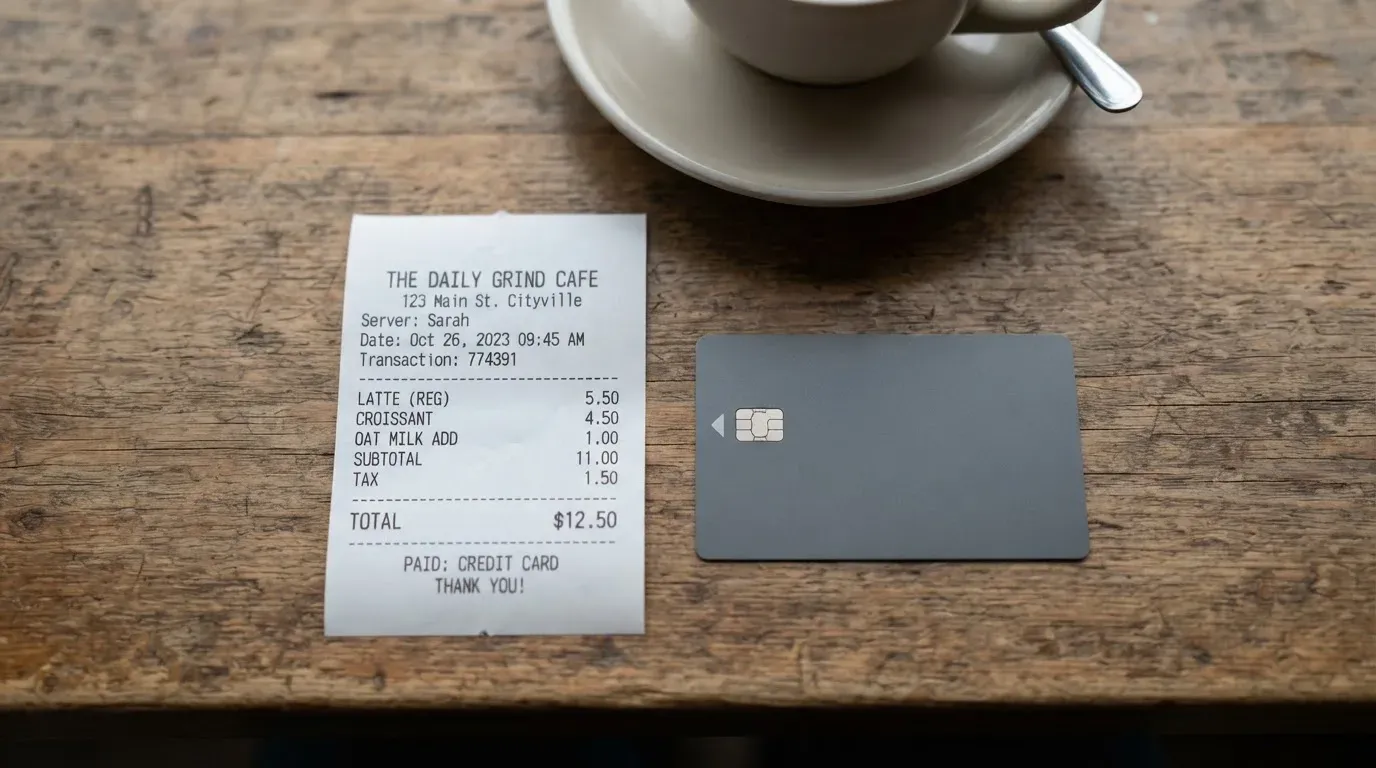 A receipt and a card on a café table