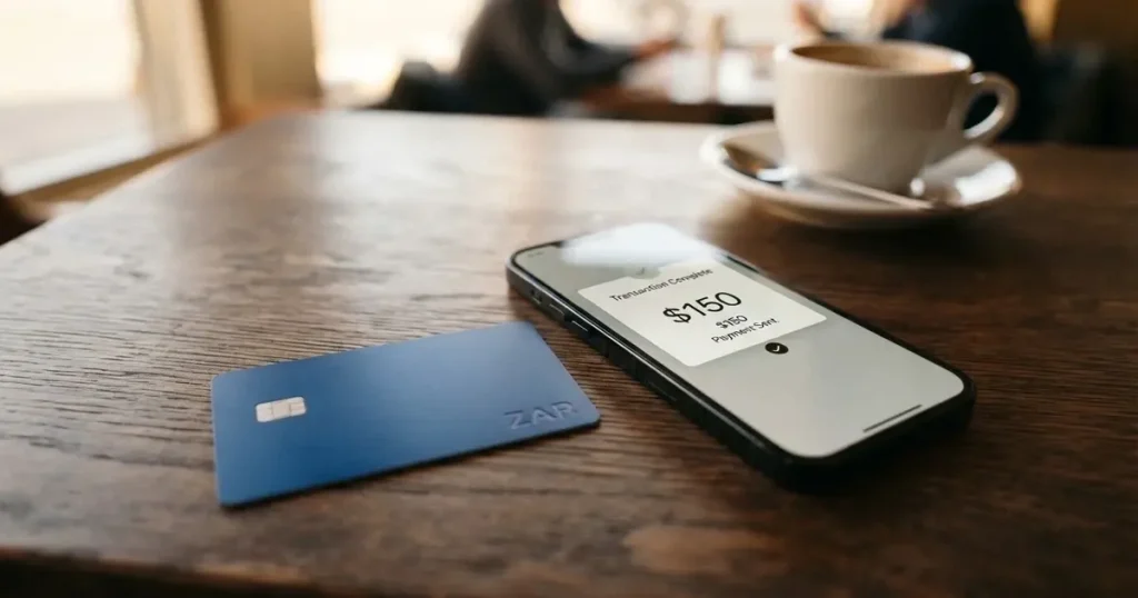 A payment card next to a phone with a crypto wallet app open