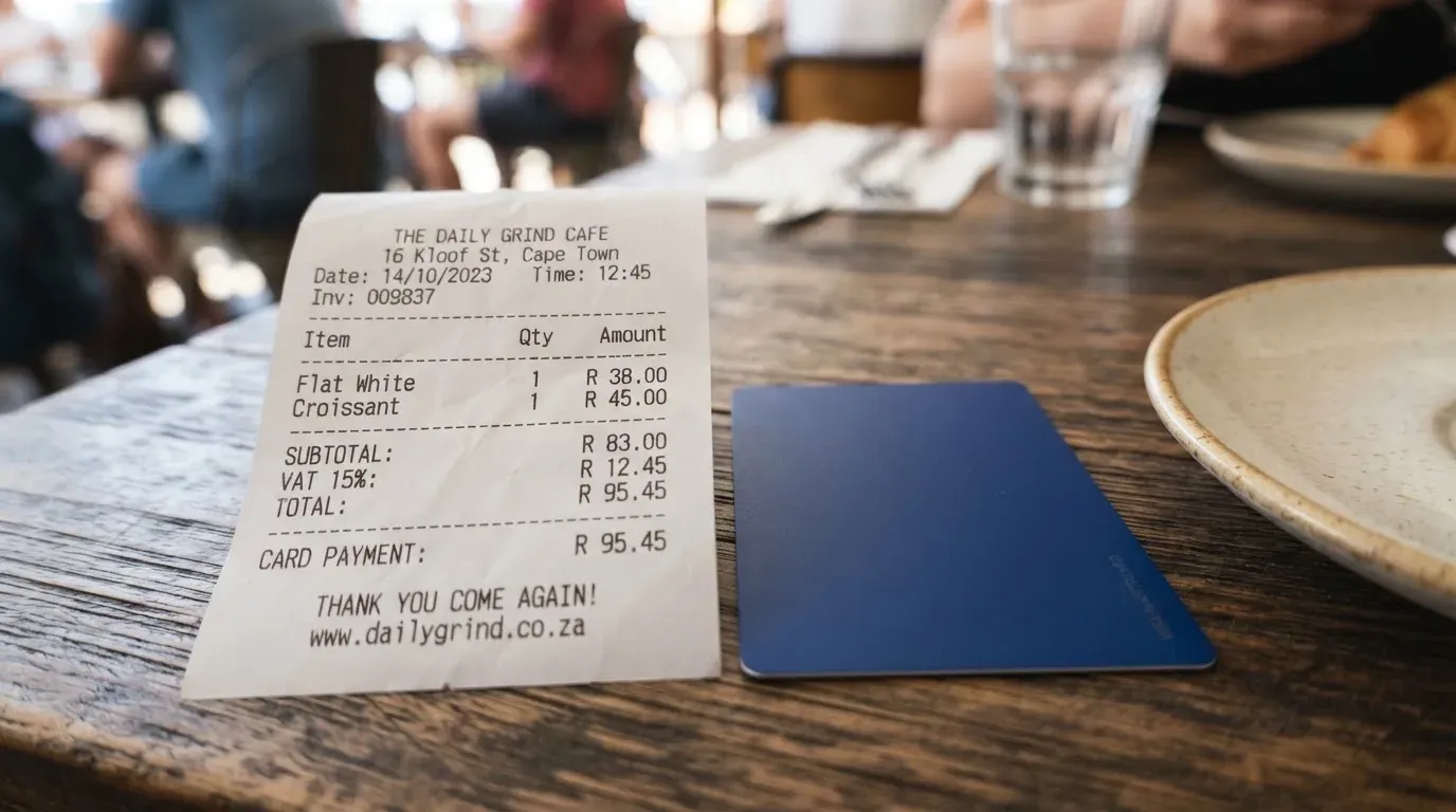 A receipt and a card on a café table