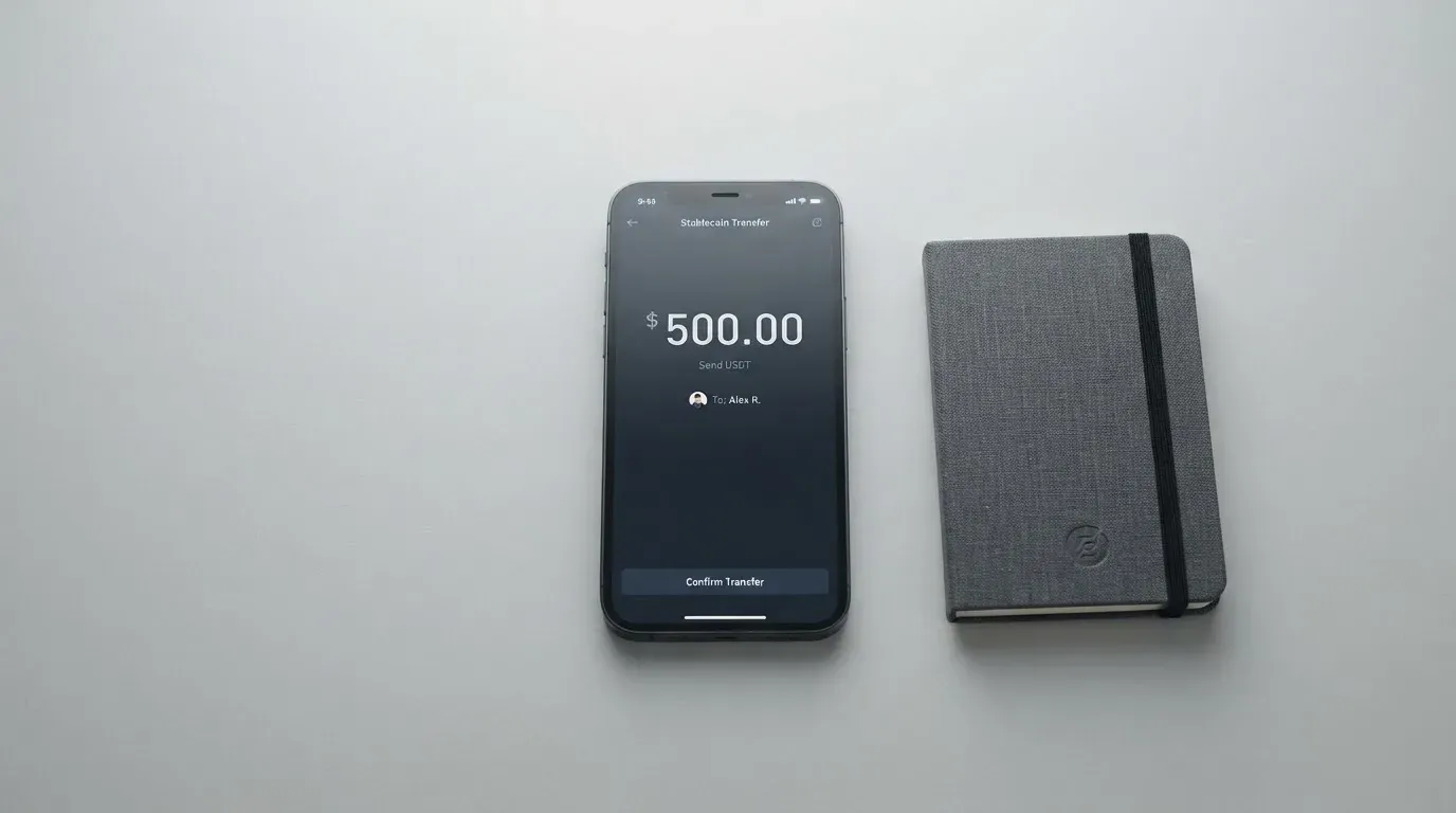 A phone showing a stablecoin transfer screen