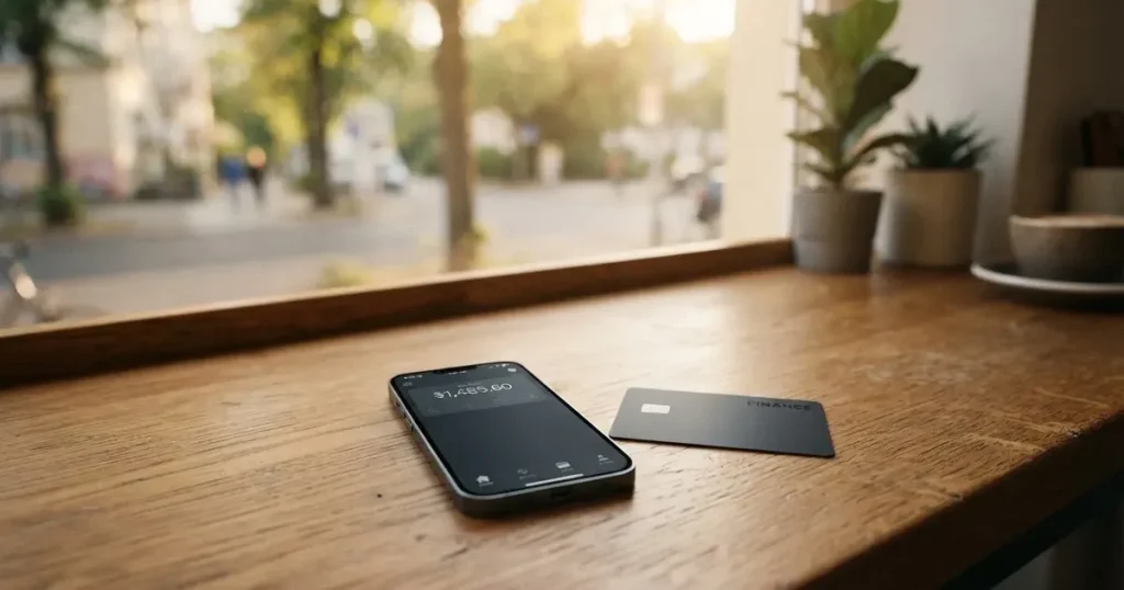 A payment card next to a phone with a crypto wallet app open