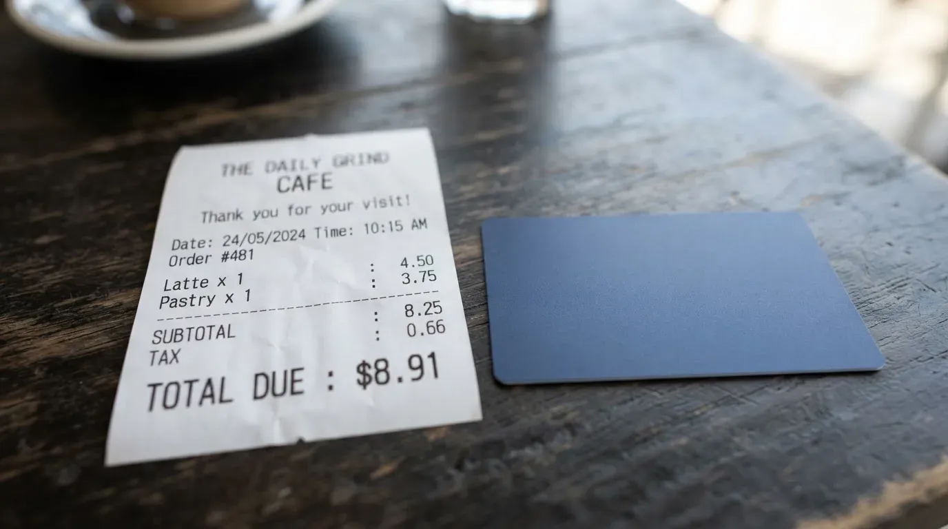 A receipt and a card on a café table