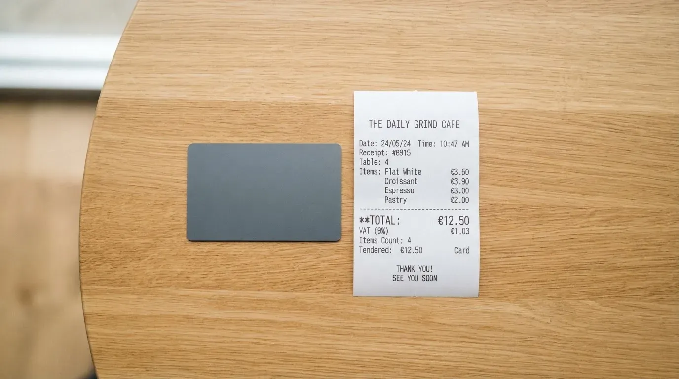 A receipt and a card on a café table
