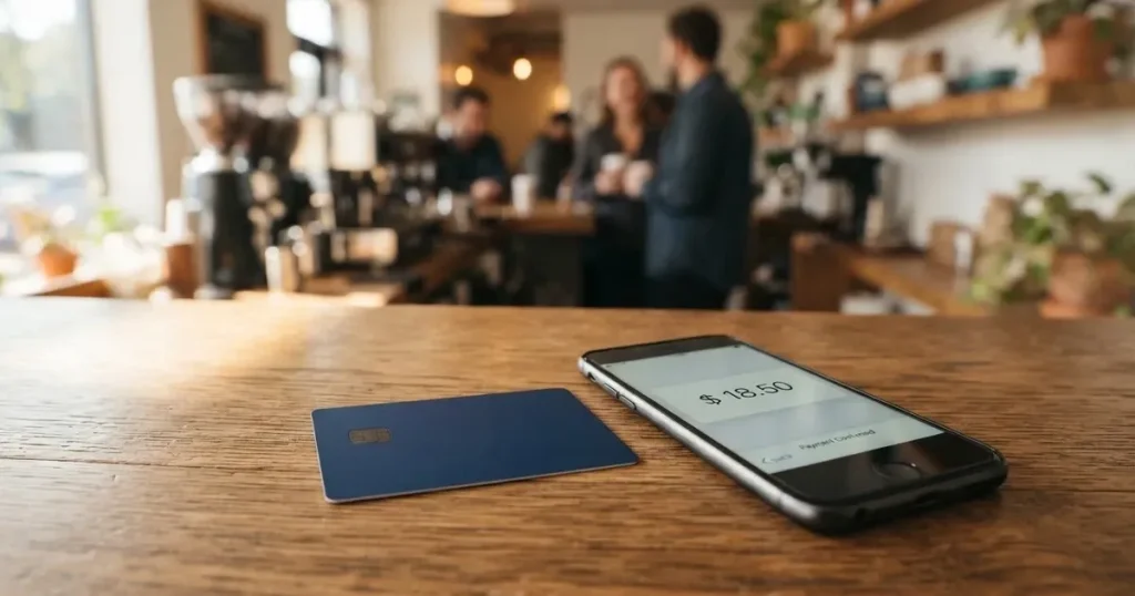 A payment card next to a phone with a crypto wallet app open