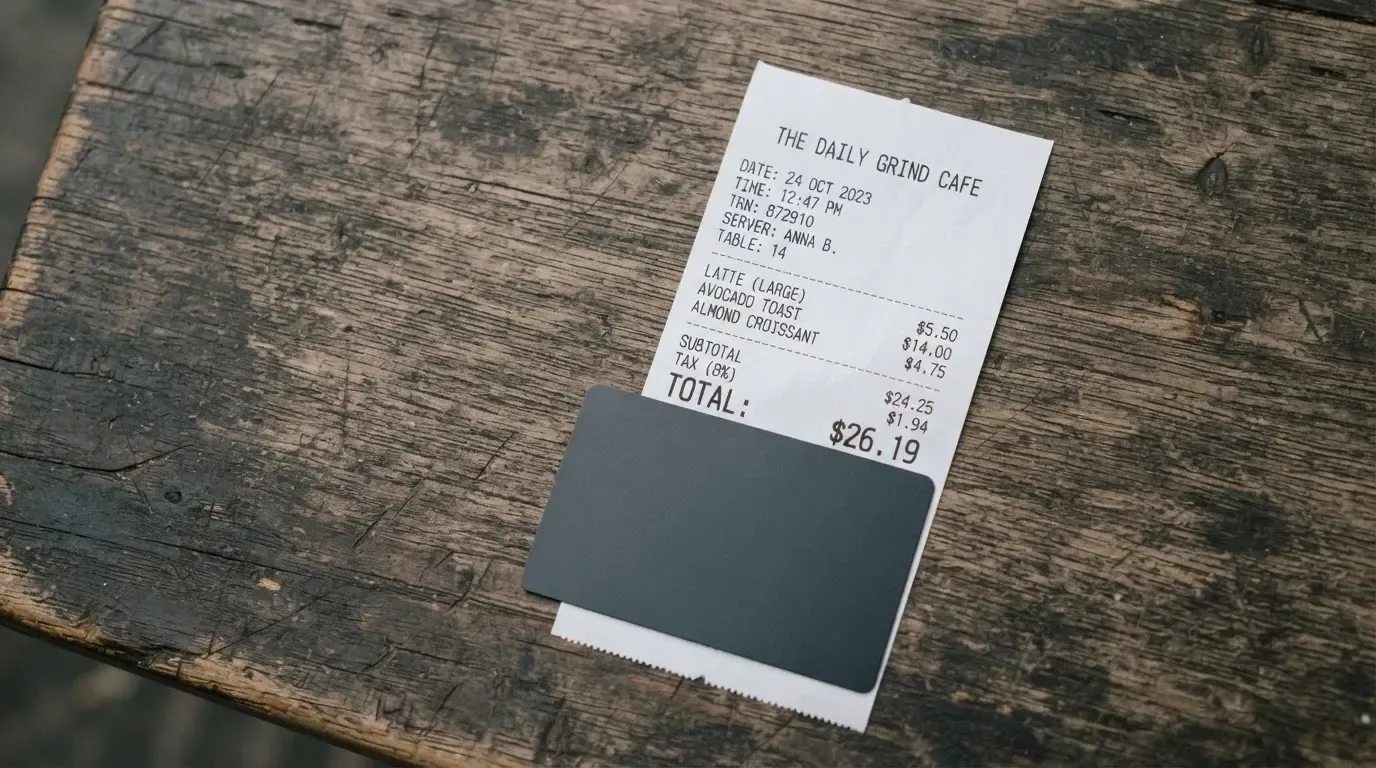 A receipt and a card on a café table