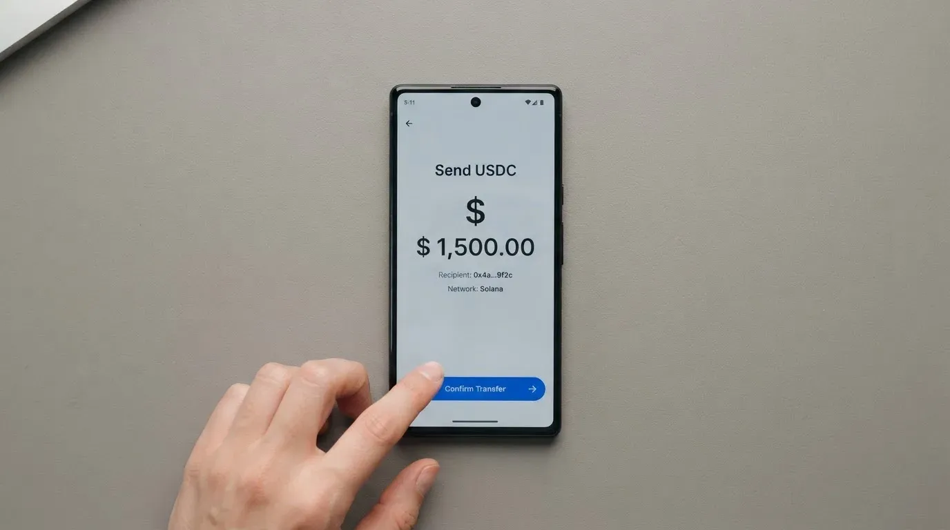 A phone showing a stablecoin transfer screen