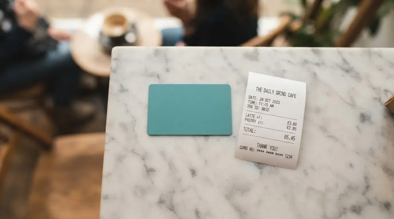 A receipt and a card on a café table